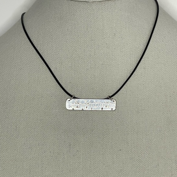 Handmade stamped moon phase silver rectangle pendant black leather cord necklace - Picture 3 of 5